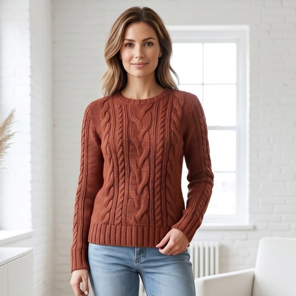 LL Bean Cable Knit Sweater Womens XS Petite Terracotta Cotton Crewneck Pullover